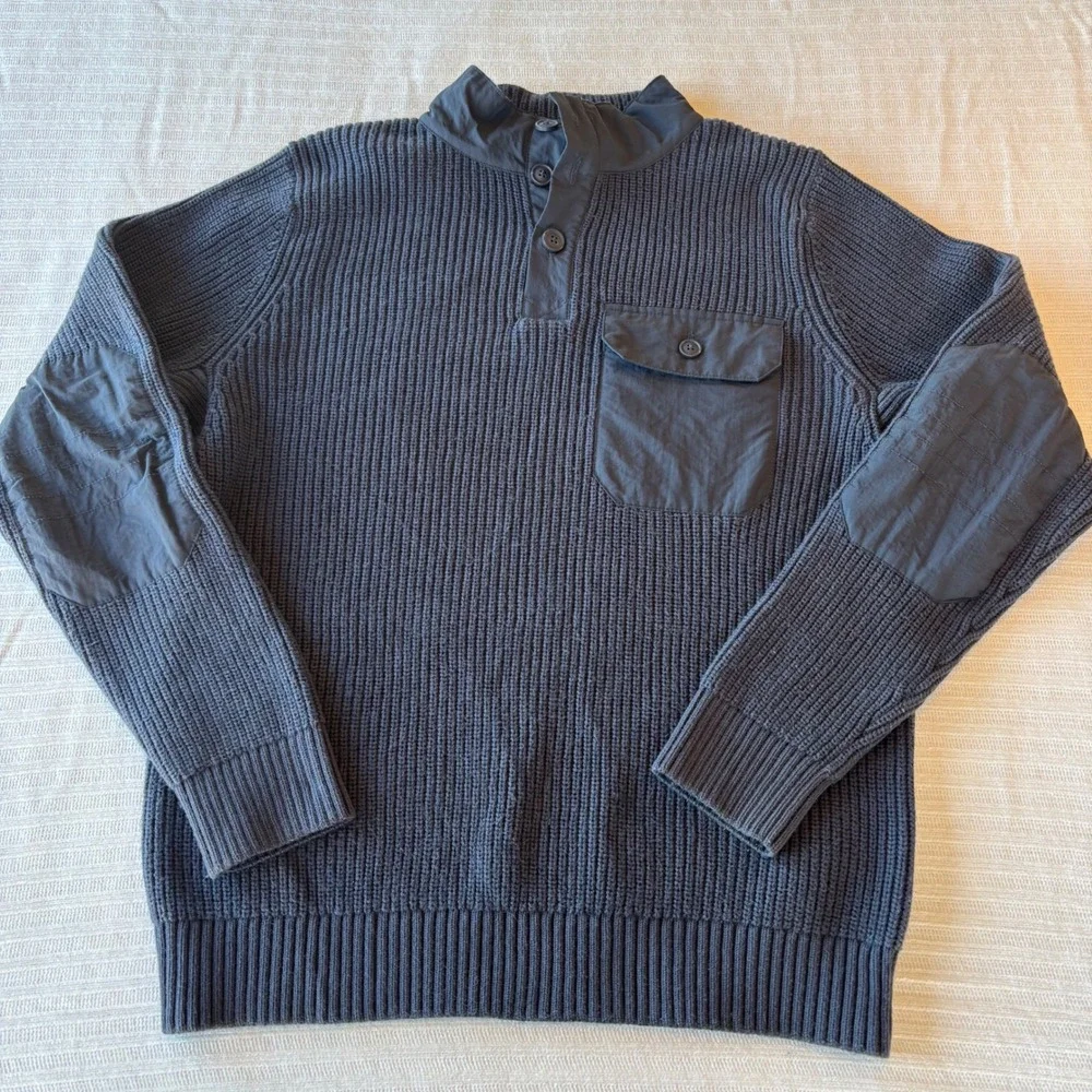 Duluth‎ Trading Co Mens Gray Ribbed Henley Sweater Nylon Trim Elbow Patches M